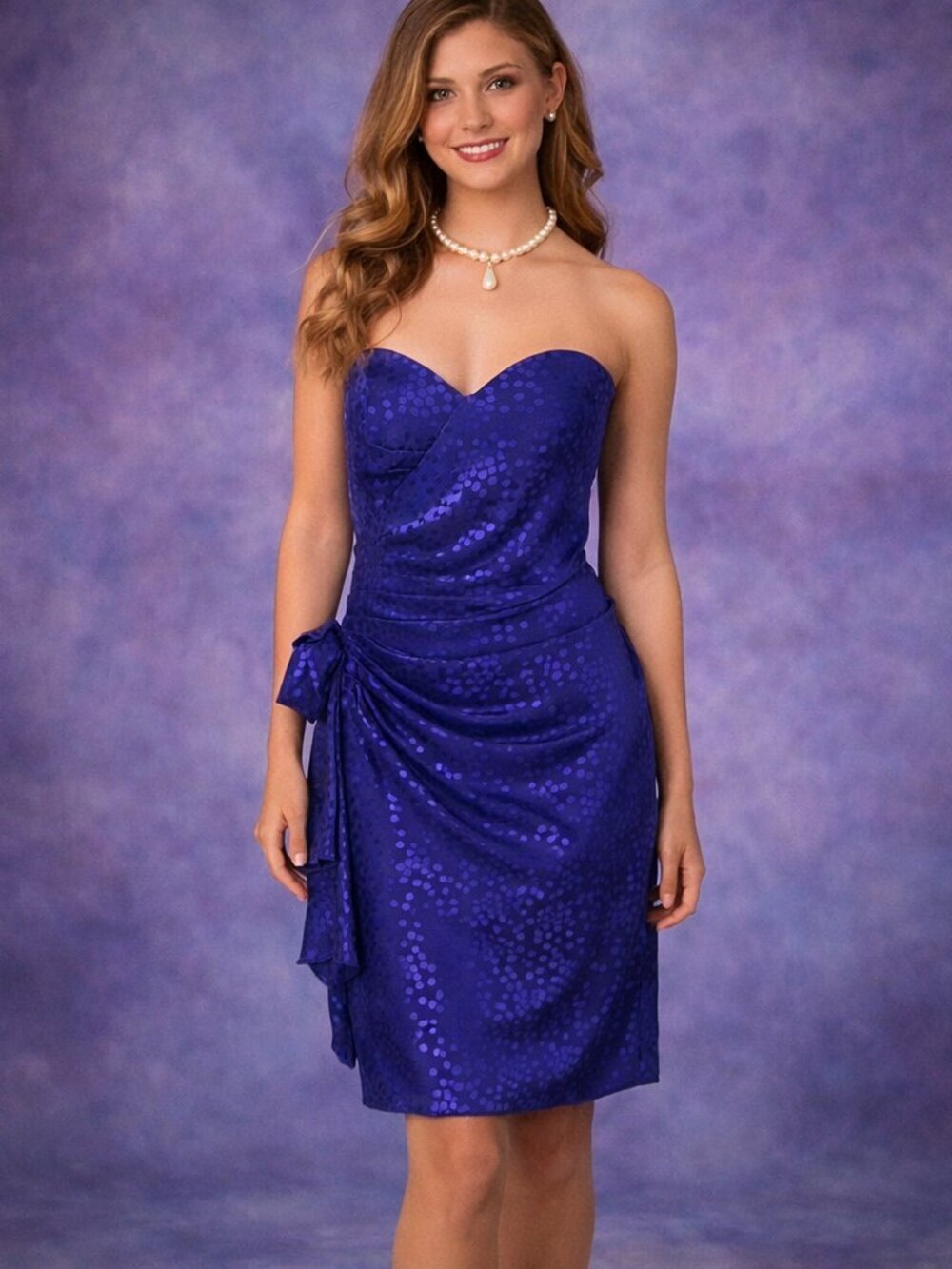 Lori Ann Vintage 90s Strapless Royal Blue Satin Dot-Texture Cocktail Dress